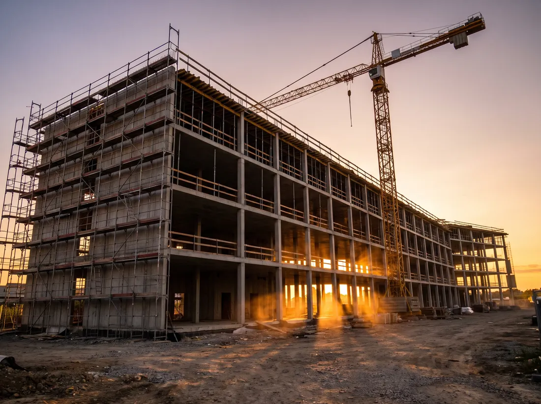 Structură de beton în execuție, cu macara, la asfințit.